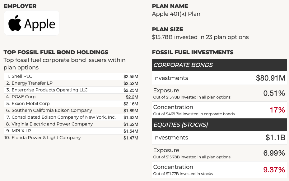 Screenshot of the results for Apple’s 401(k)